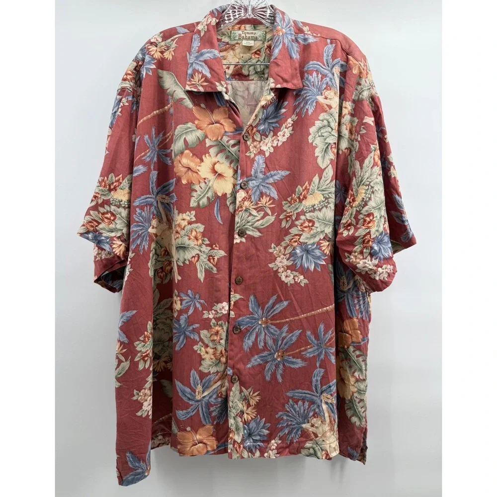 Tommy Bahama Mens XXL Red Silk Hula Girl Palm Tree Tropical Camp Shirt